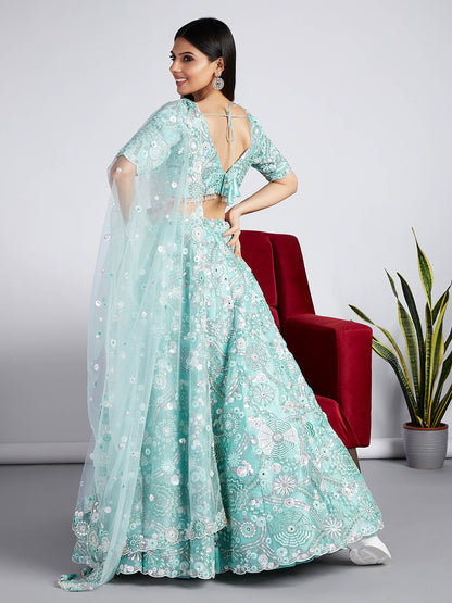 Turquoise blue Organza Sequins, Zarkan and thread embroidery Lehenga