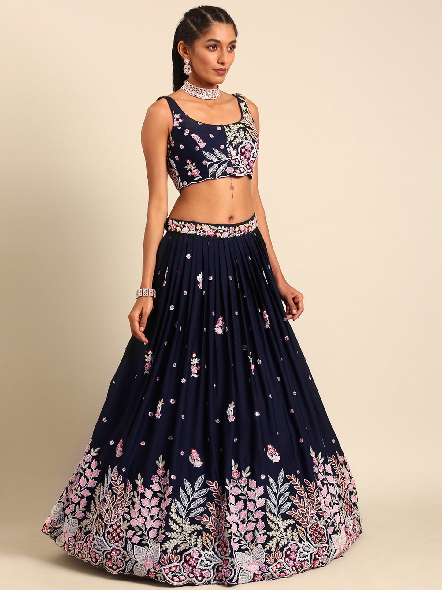 Navy blue Georgette Sequin-Thread embroidery Lehenga