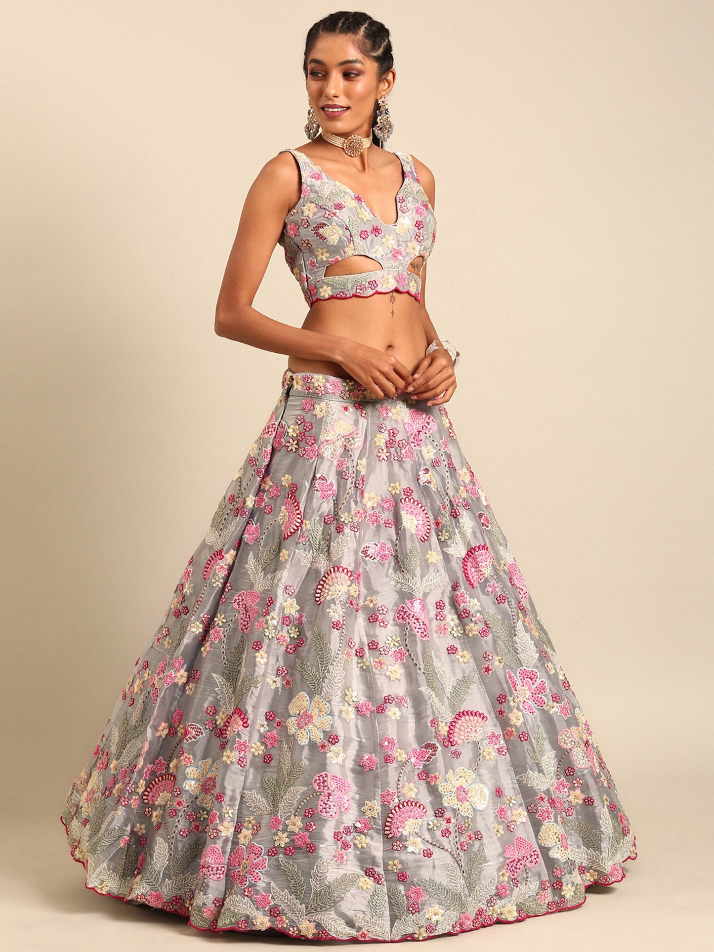 Grey Organza Sequins and Zarkan embroidery Lehenga