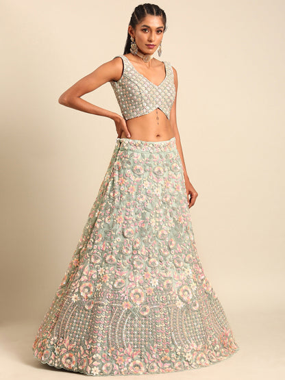 Sea green Net Multi Sequins& Zarkan embroidery Lehenga