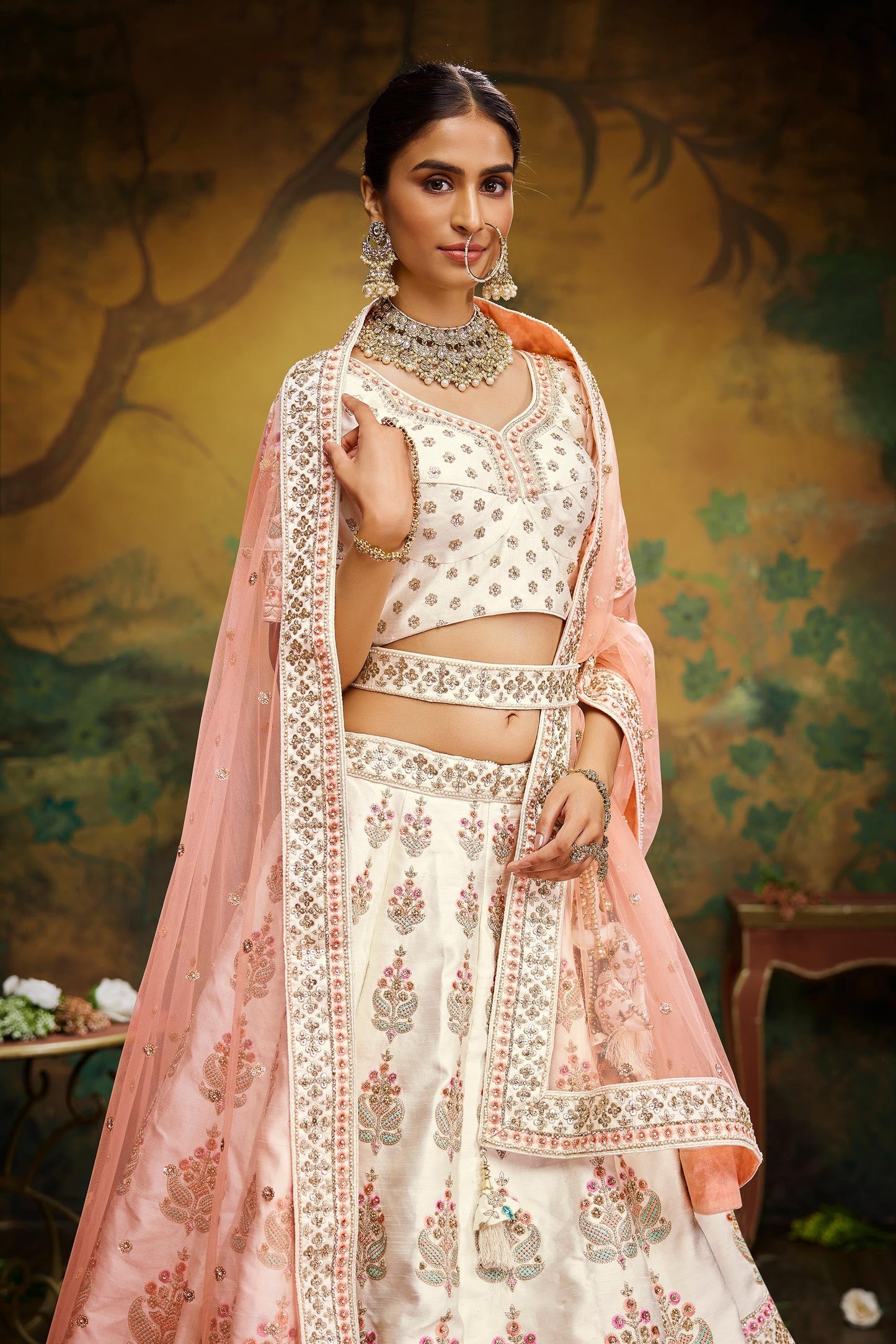 Off White Pure Silk Moti & Zarkan heavy embroidery Lehenga