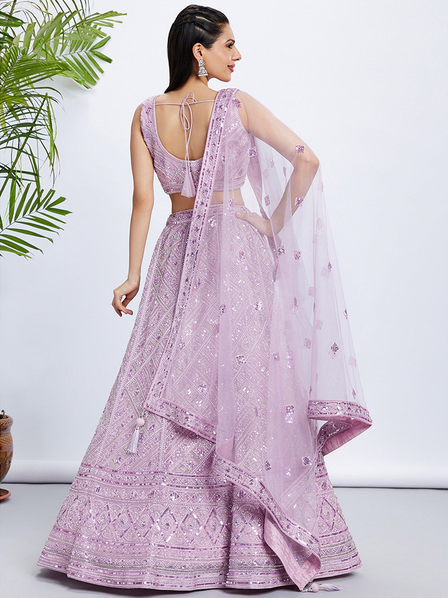 Lavender Net Cutdana, Sequins and Zarkan embroidery Lehenga