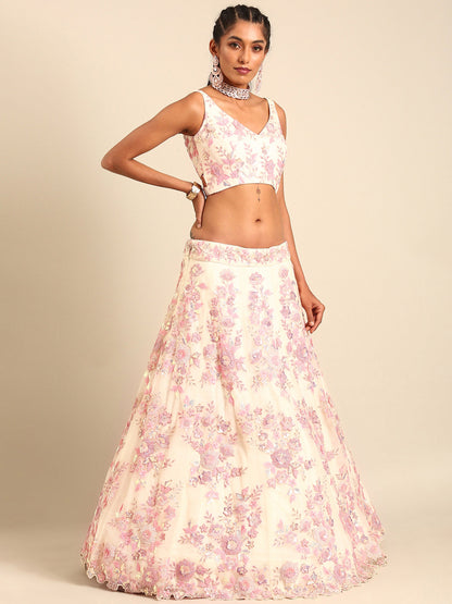 Cream Net Sequins with heavy Zarkan embroidery Lehenga