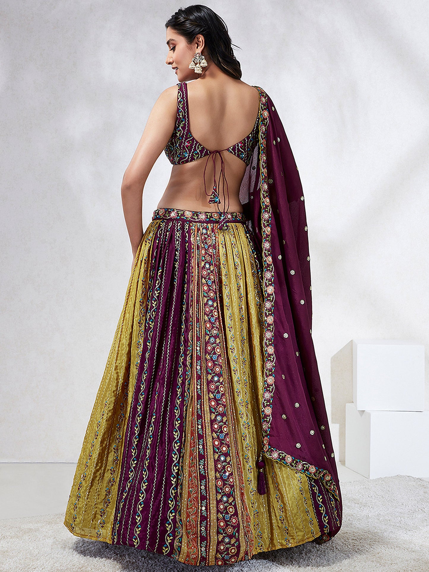 Burgundy Chiffon Position print with Sequins embroidery Lehenga