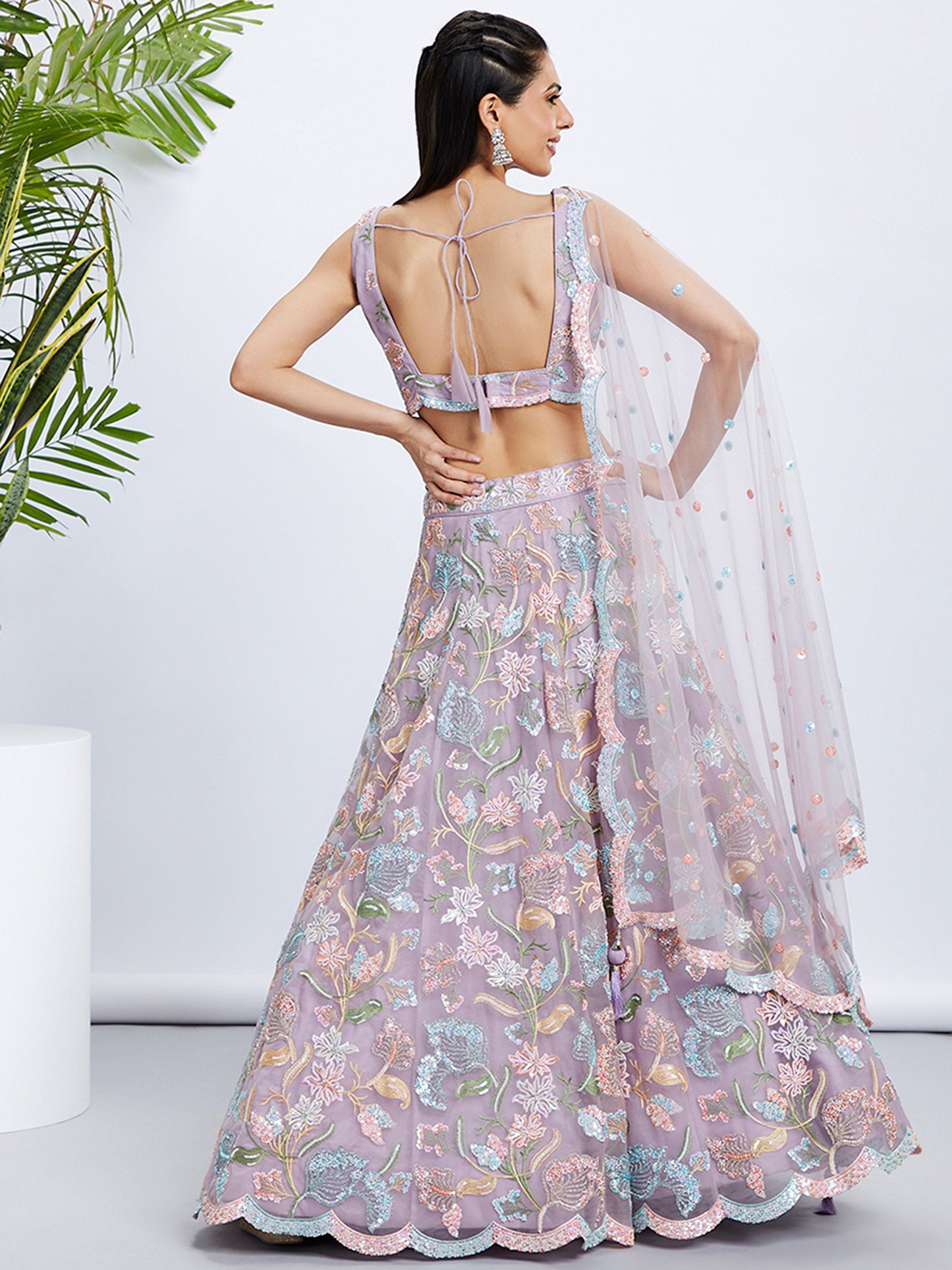 Mauve Net Sequins and thread embroidery Lehenga