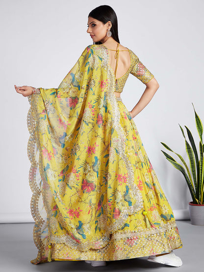 Mustard colour Organza Floral design digital print Lehenga