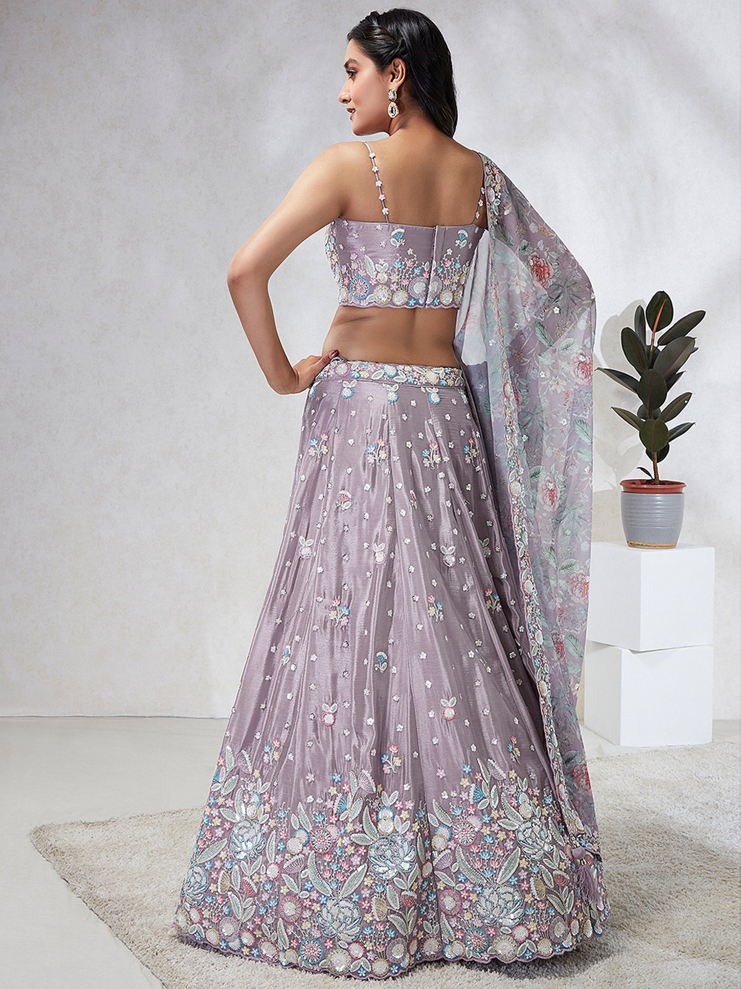 Mauve Chiffon Sequins and thread embroidery Lehenga