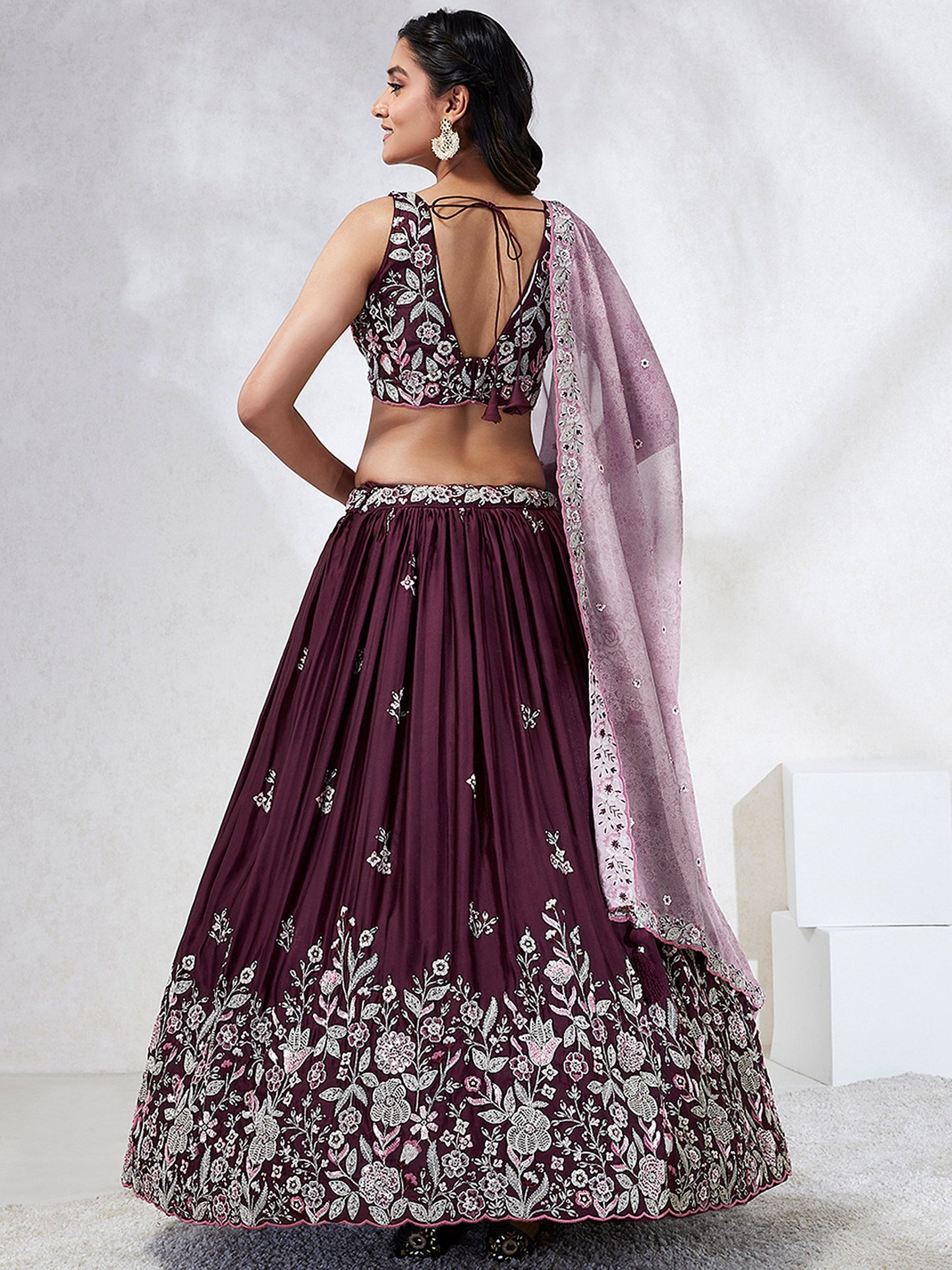 Burgundy  Georgette Sequins and thread embroidery Lehenga