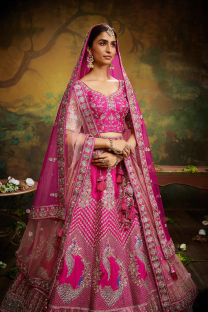 Pink Pure Silk Moti & Zarkan heavy embroidery Lehenga