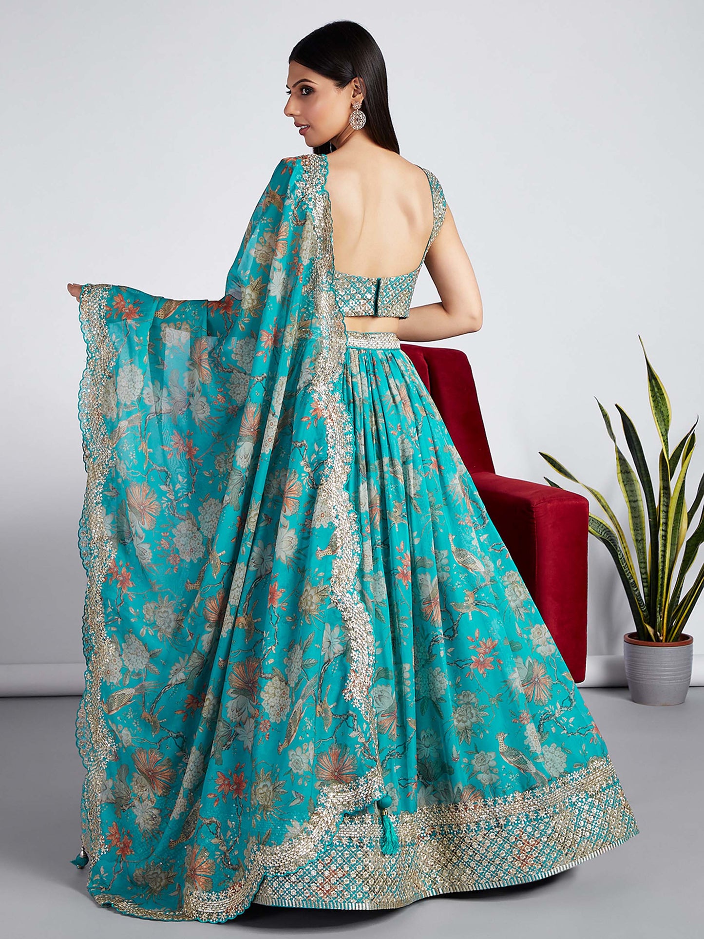 Sea green Organza Floral design digital print Lehenga