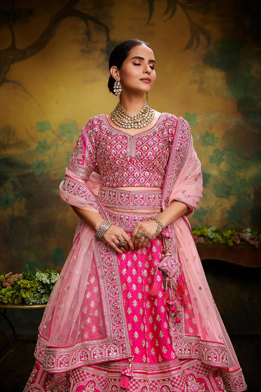 Pink Pure Silk Moti & Zarkan heavy embroidery Lehenga