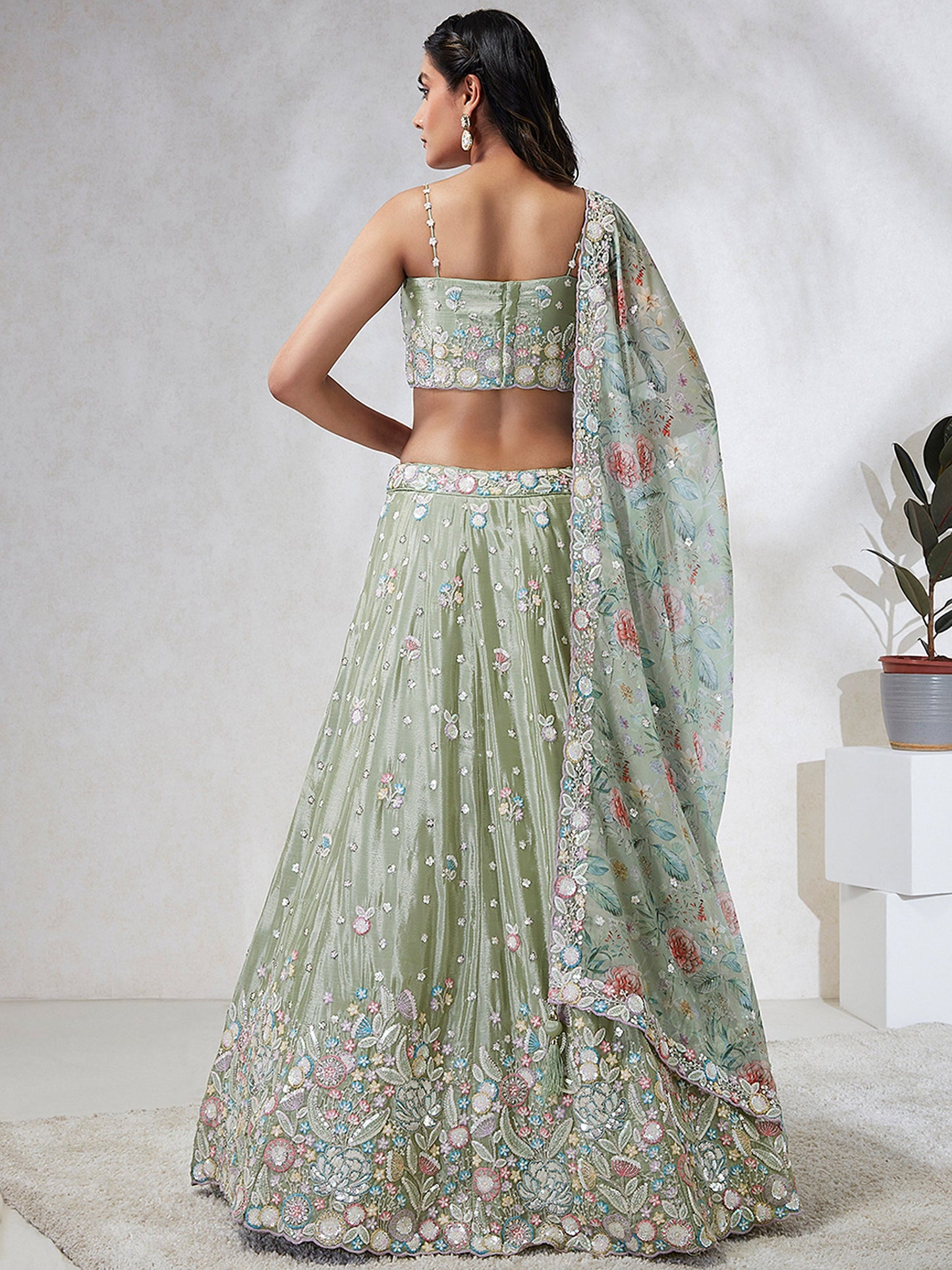 Lime green Chiffon Sequins and thread embroidery Lehenga