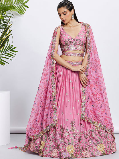 Pink Chiffon Sequins and thread embroidery Lehenga Printed Dupatta