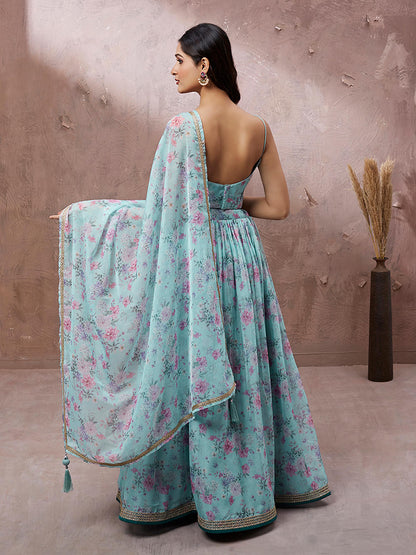 Turquoise Blue Organza Floral Printed Lehenga choli & Dupatta