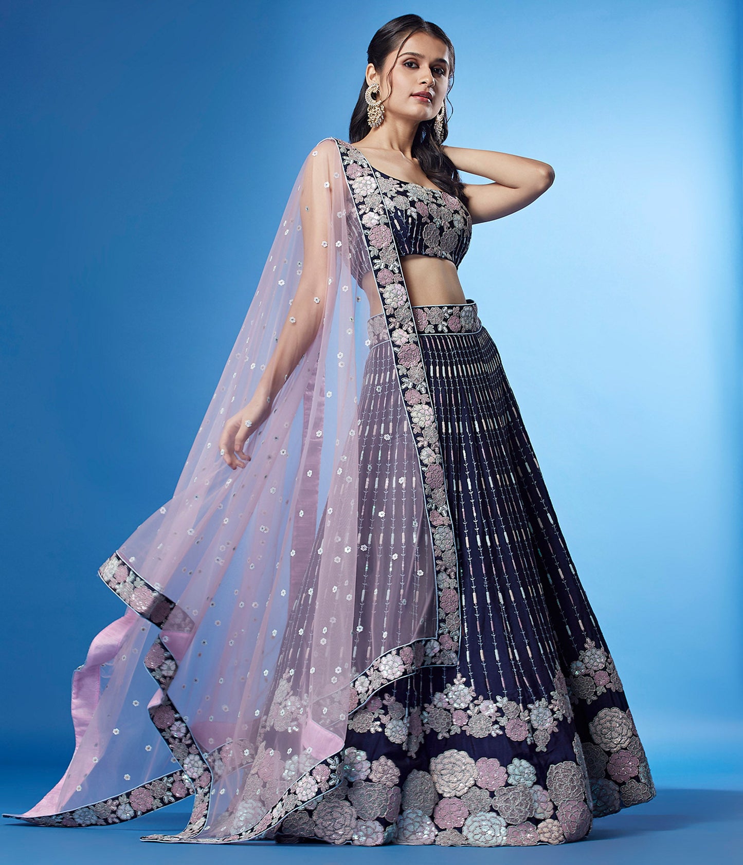 Navy Blue Color Georgette Multi-Sequins Work Lehenga