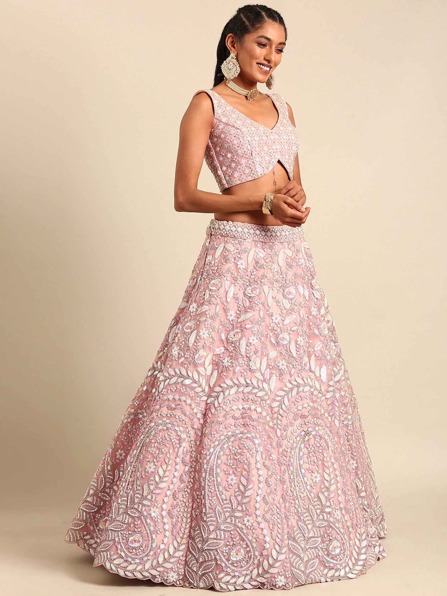 Pink Net Multi Sequins & Zarkan Embroidery Bridesmaid Lehenga