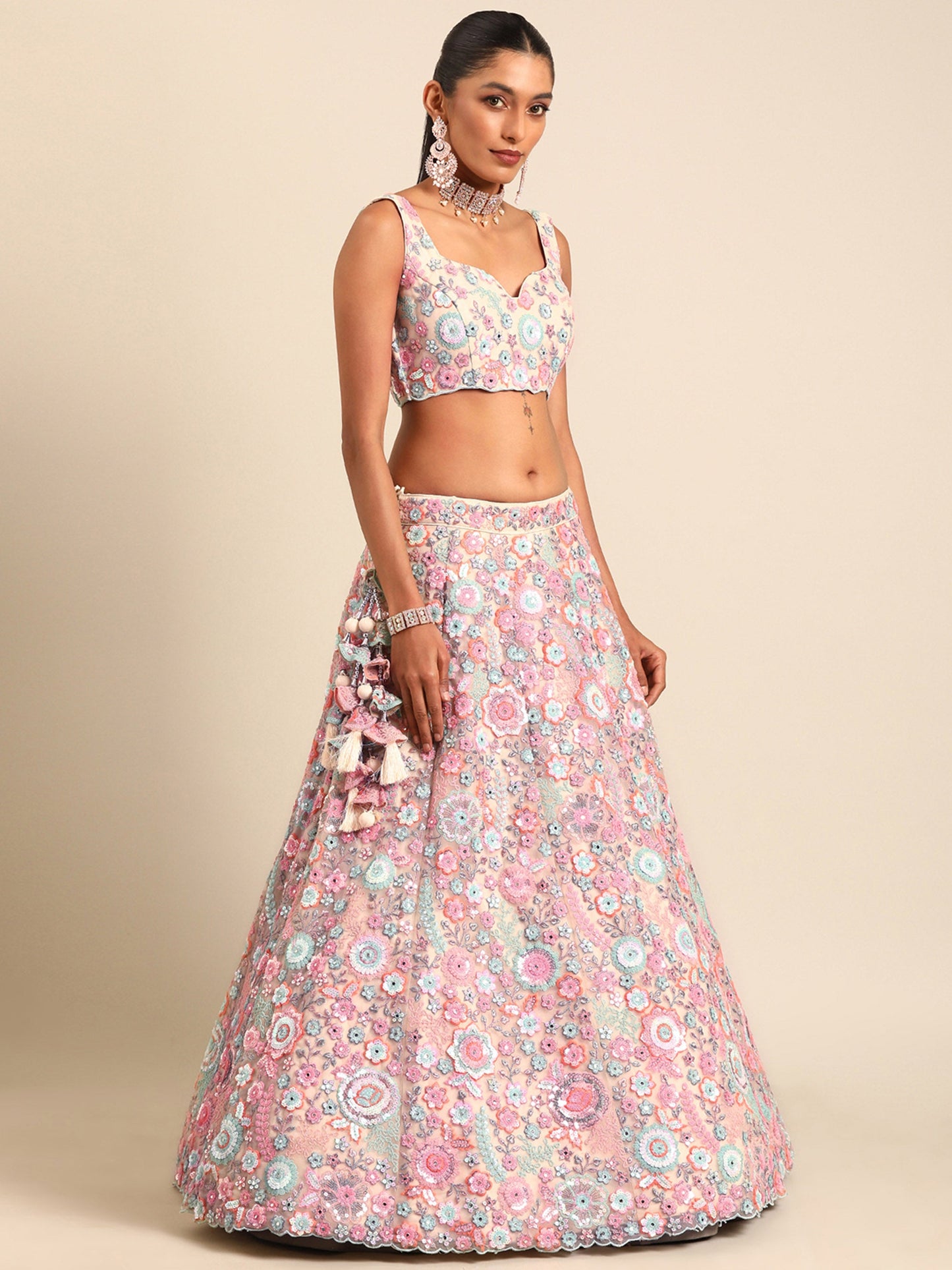 Cream Net Sequins, Mirror and thread embroidery Lehenga