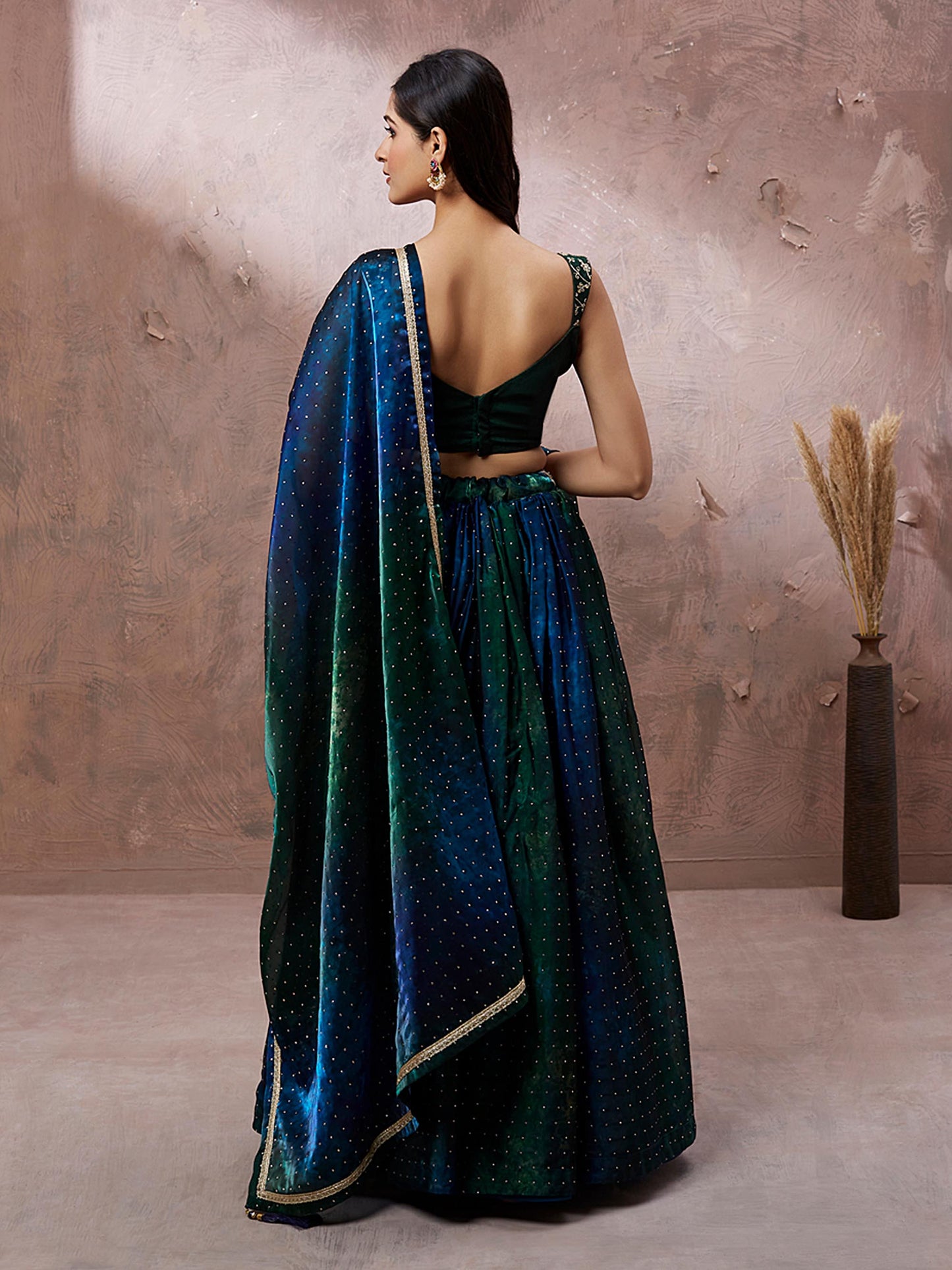 Teal Organza Digital Shibori Printed Lehenga