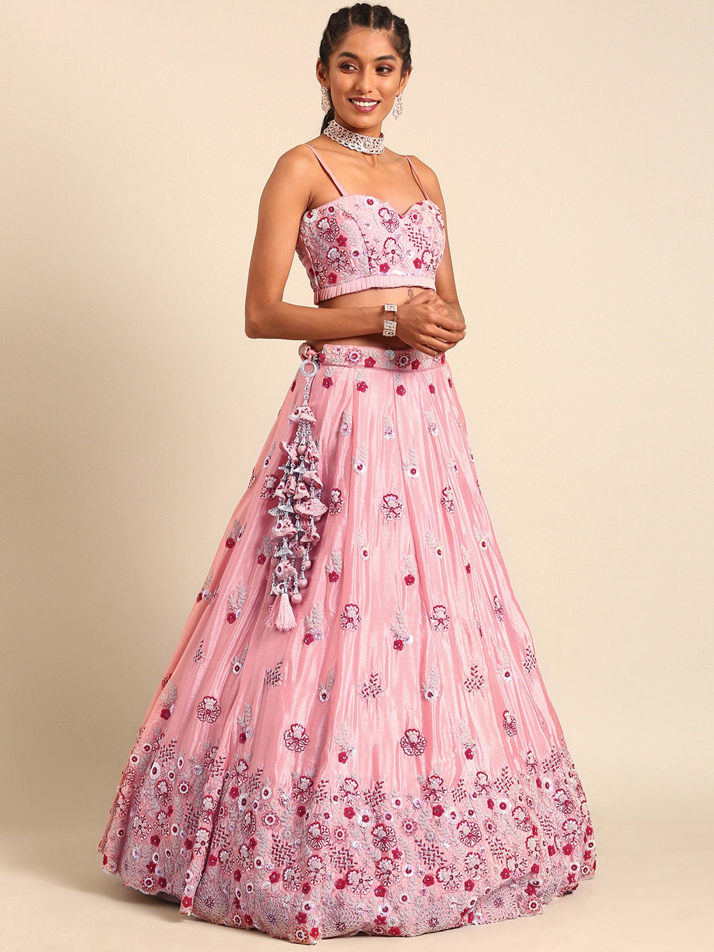 Peach Pure georgette Sequins, Zarkan and thread embroidery Lehenga