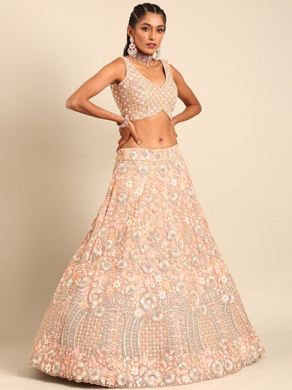 Peach Net Multi Sequins & Zarkan embroidery Lehenga choli