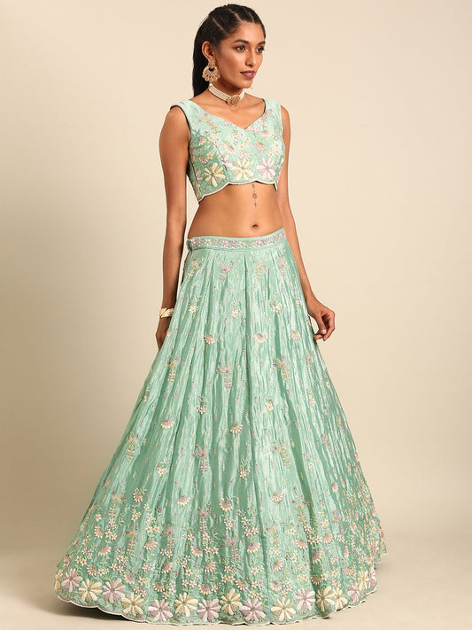 Sea Green Georgette Sequins Embroidery Lehenga