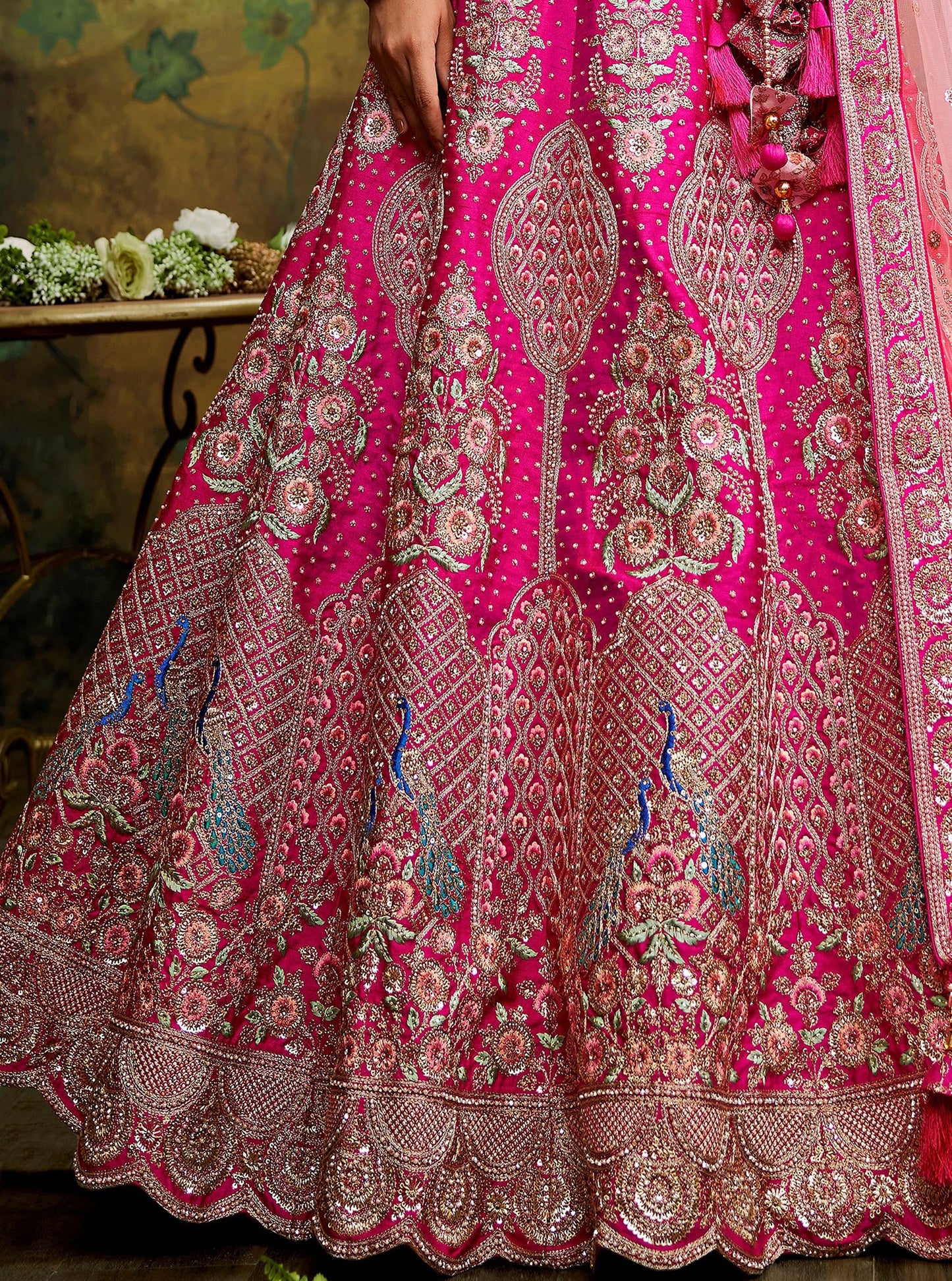 Pink Pure Silk Moti & Zarkan heavy embroidery Lehenga