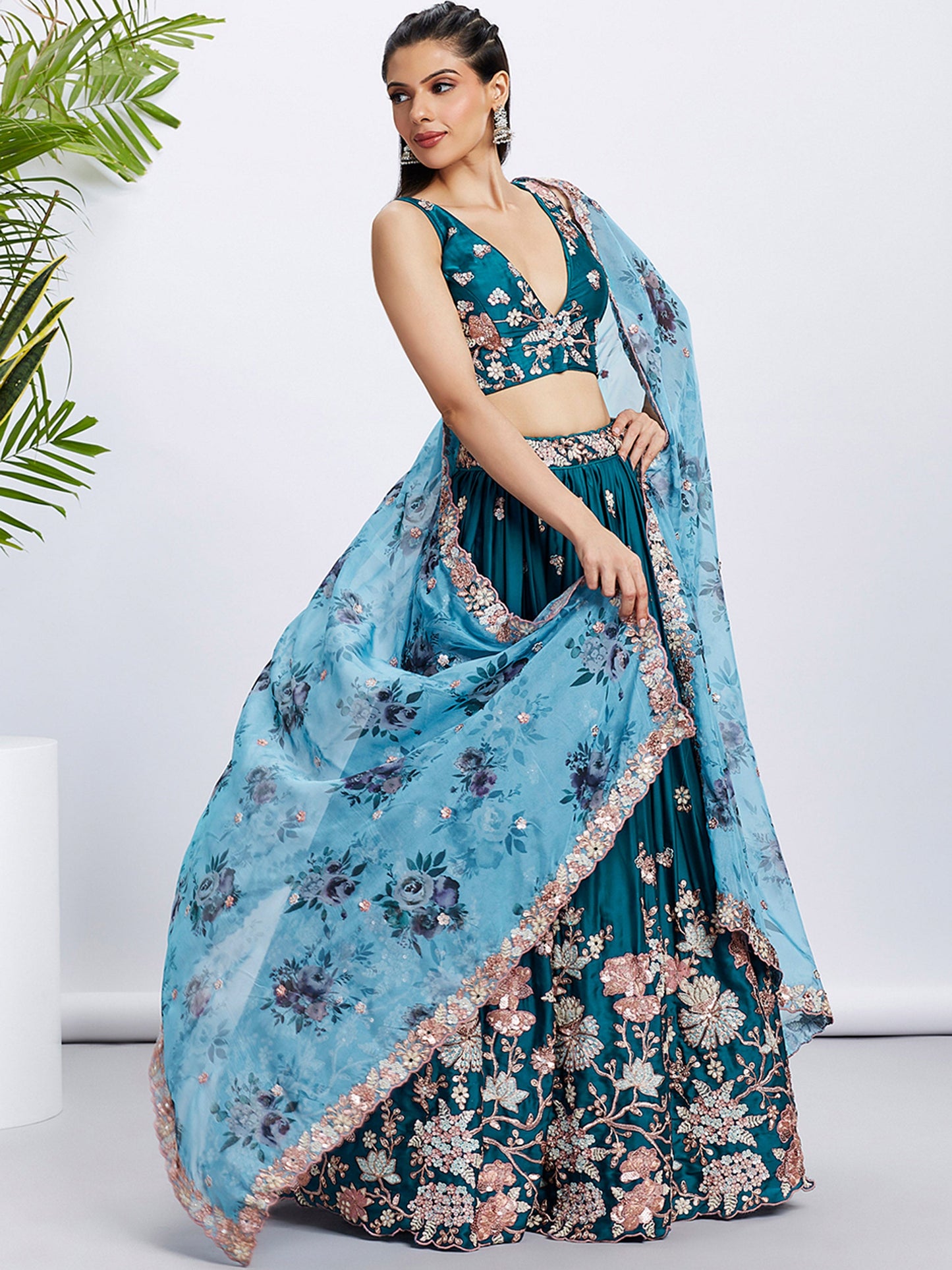 Teal Pure Georgette Sequins and thread embroidery Lehenga