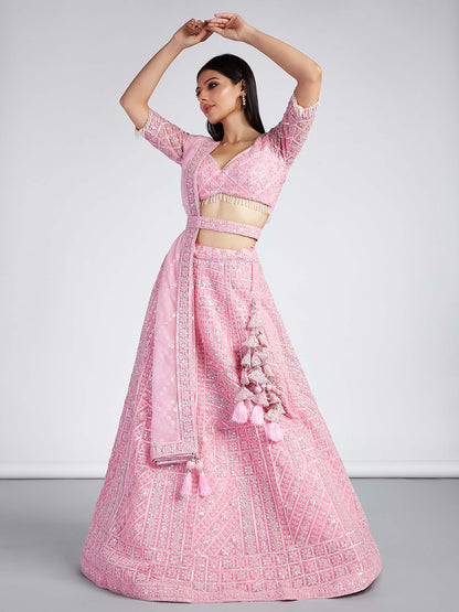 Pink Net Sequins, Zarkan and thread embroidery Lehenga choli & Dupatta