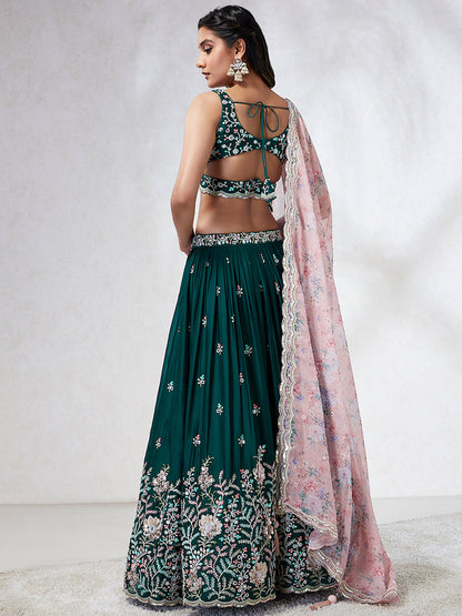 Teal - Georgette Sequins, Mirror and thread embroidery Lehenga choli