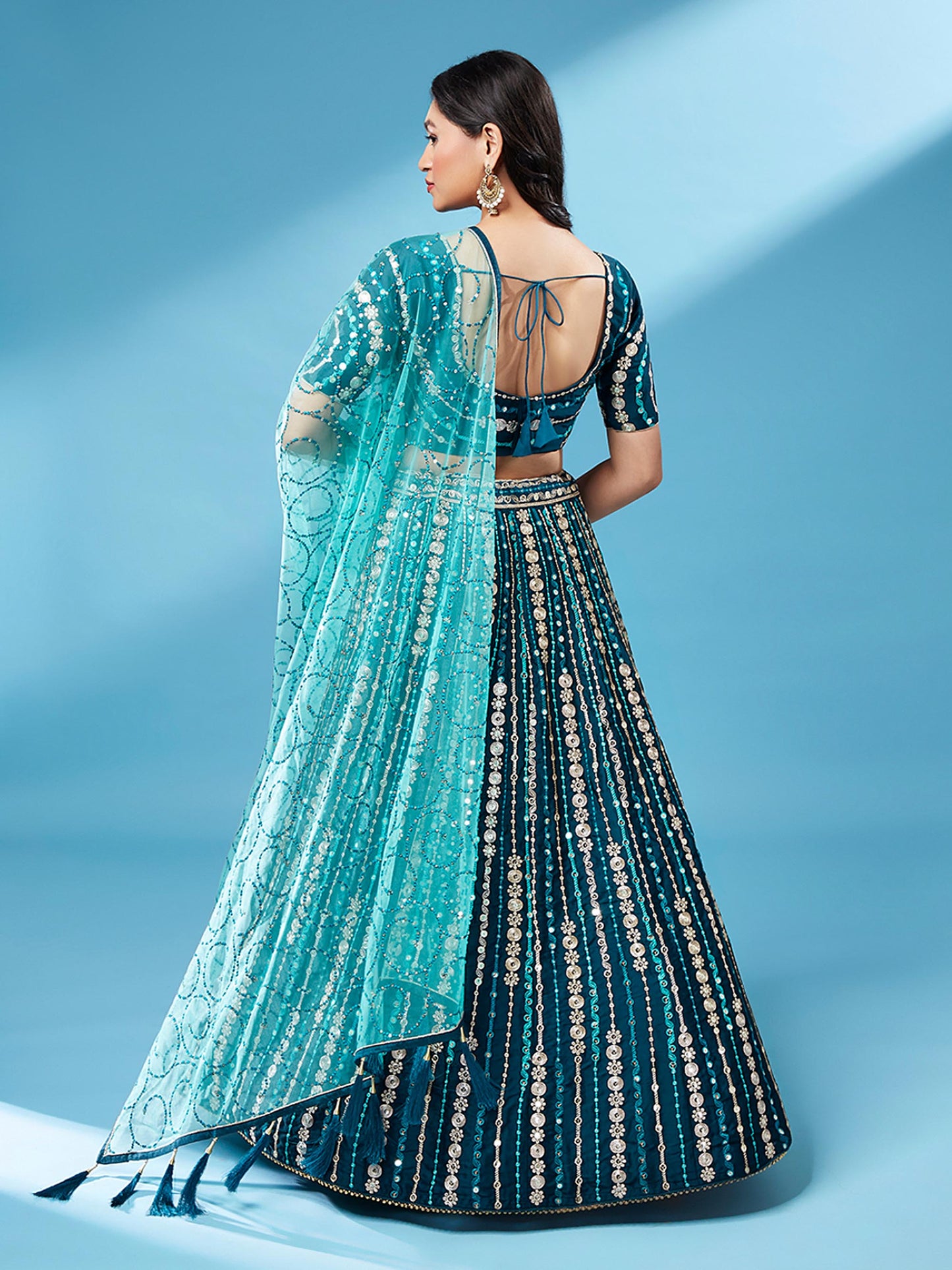 Teal Pure Georgette Sequinse Work Lehenga