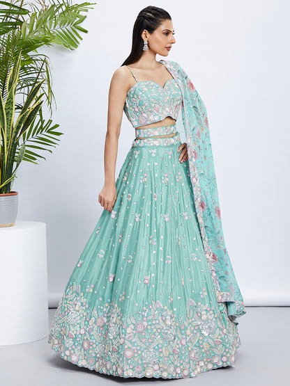 Sea green Chiffon Sequins and thread embroidery Lehenga