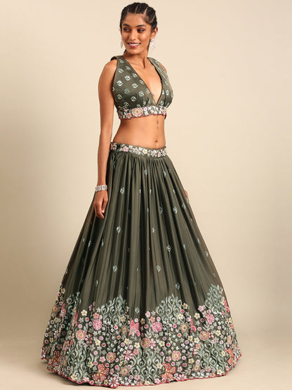 Olive Chinon Sequins embroidery Lehenga