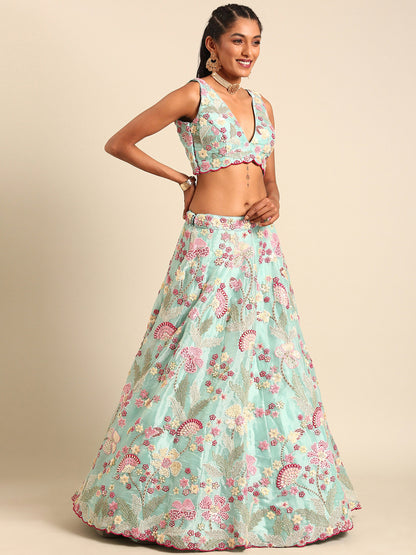 Turquoise Blue Organza Sequins and Zarkan embroidery Lehenga