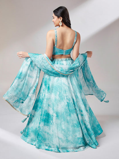 Turquoise Blue Organza Floral Printed Lehenga