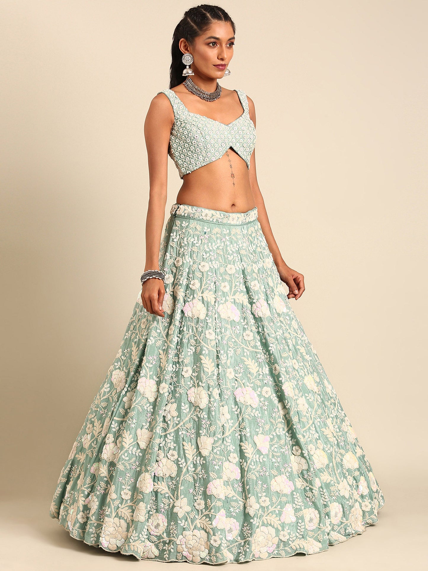 Sea Green Chinon Sequins and Zarkan embroidery Lehenga