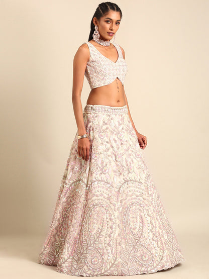 Cream Net Multi Sequins Embroidery Bridesmaid Lehenga