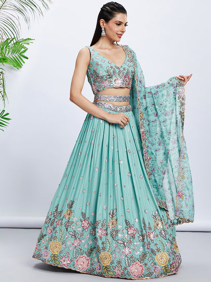 Turquoise blue Chiffon Sequins and thread embroidery Lehenga