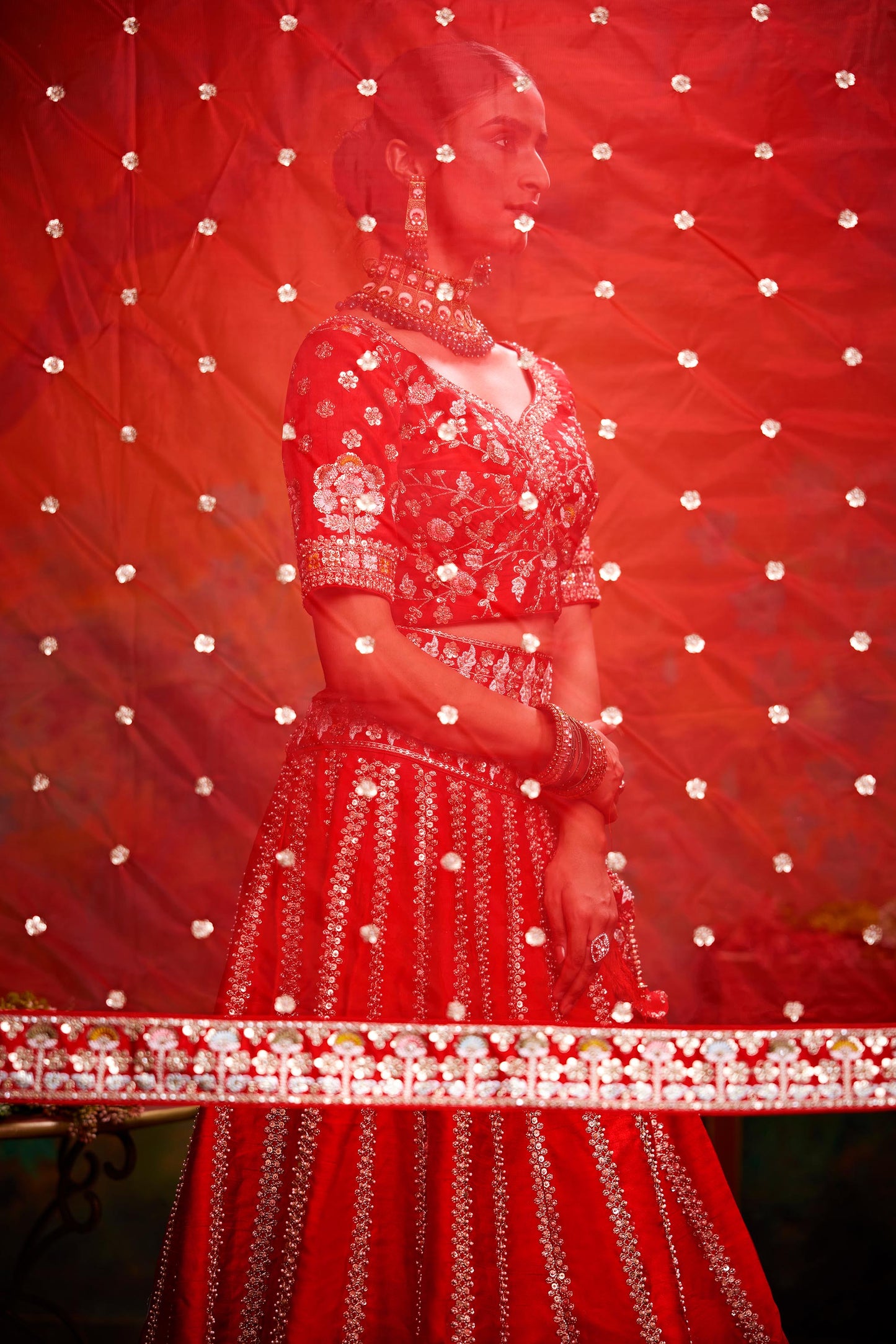 Red Pure Silk Moti & Zarkan heavy embroidery Lehenga