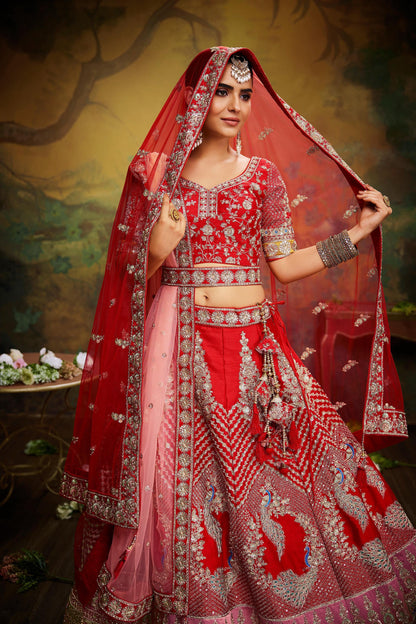 Red Pure Silk Moti & Zarkan heavy embroidery Lehenga