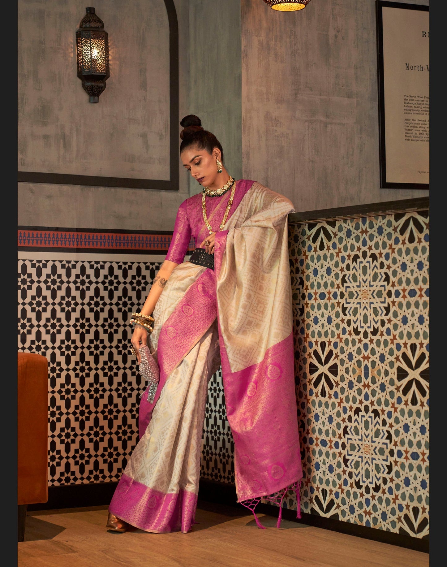 Off-White and Pink Zari Base Kanjivaram Silk Saree