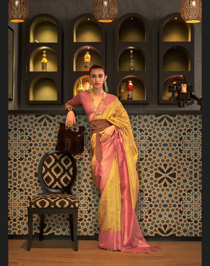 Mustard Yellow and Pink Zari Base Kanjivaram Silk Saree