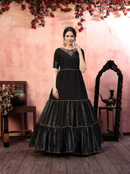 Black Silk Thread with Zari Lining Embroidery Festive Gown