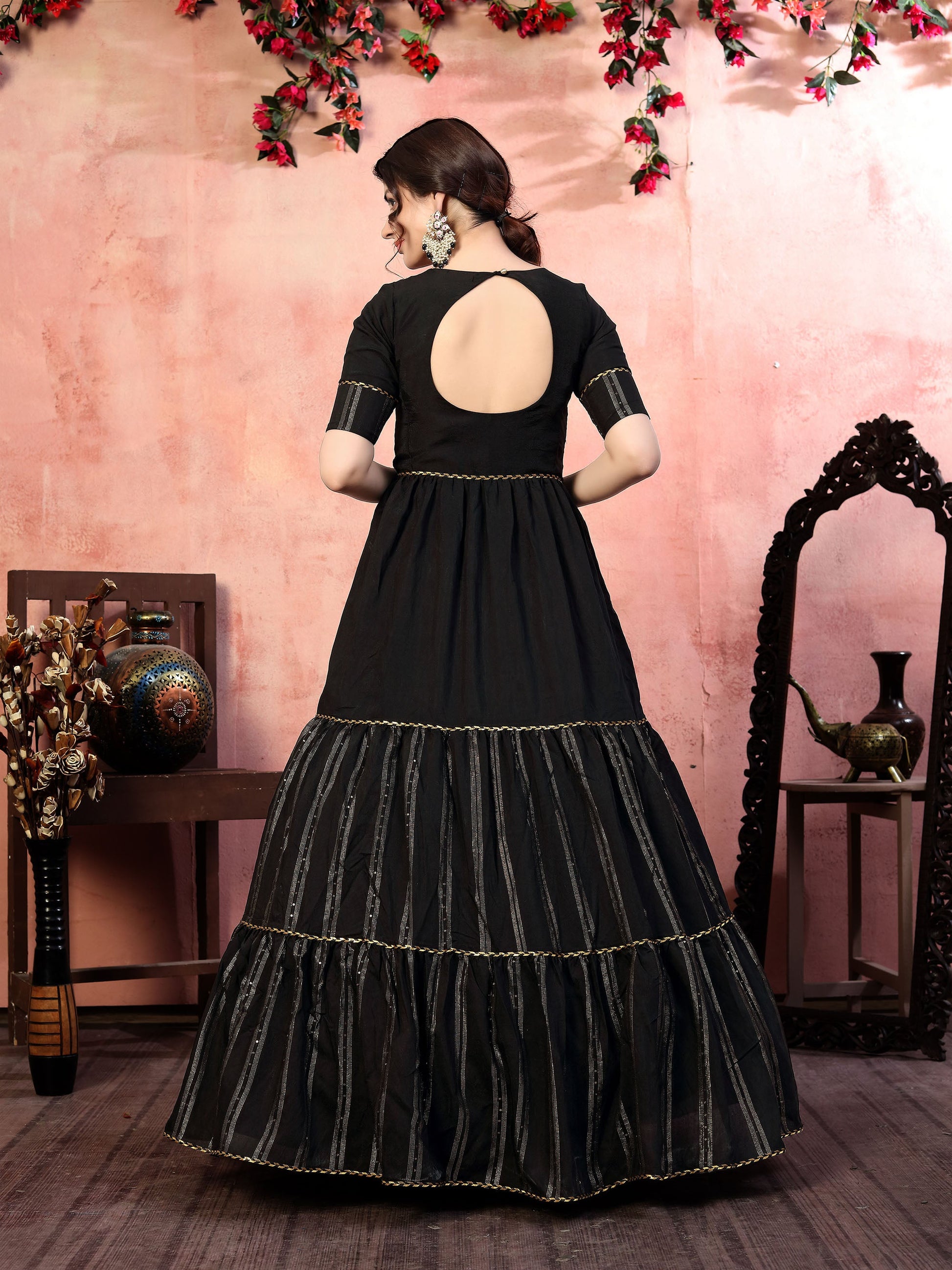 Black Silk Thread with Zari Lining Embroidery Festive Gown