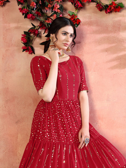 Red Georgette Fancy Golden Sequence Embroidery Festive Gown