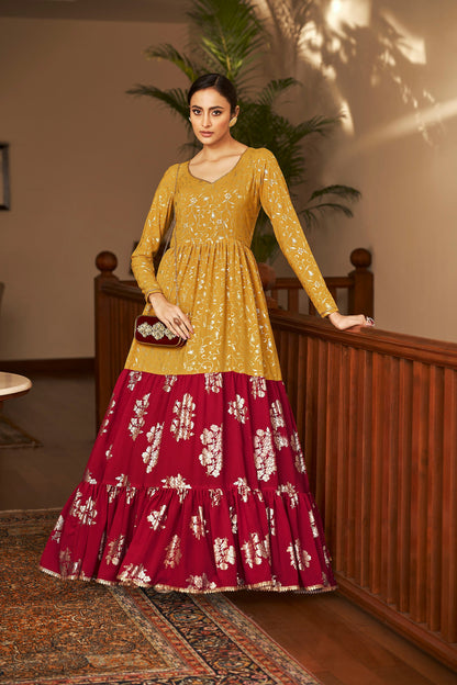 Mustard Yellow Georgette Metalic Foil Work Partywear Gown