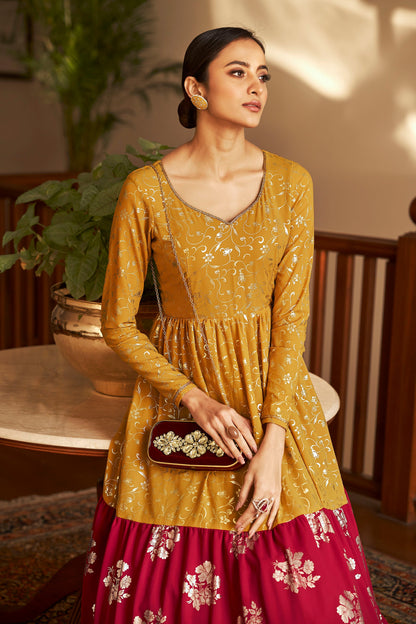 Mustard Yellow Georgette Metalic Foil Work Partywear Gown