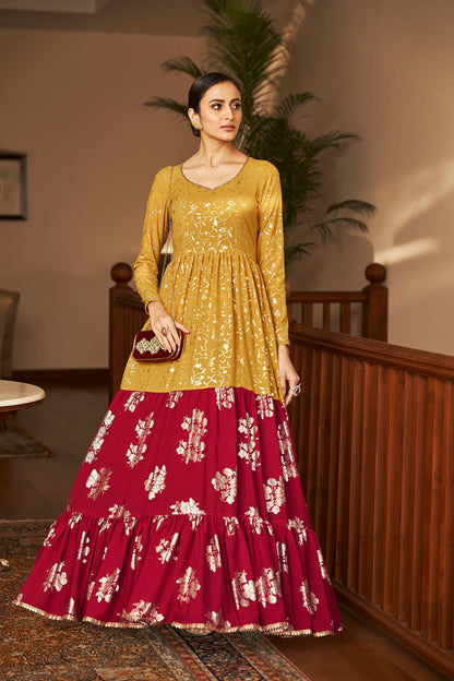 Mustard Yellow Georgette Metalic Foil Work Partywear Gown