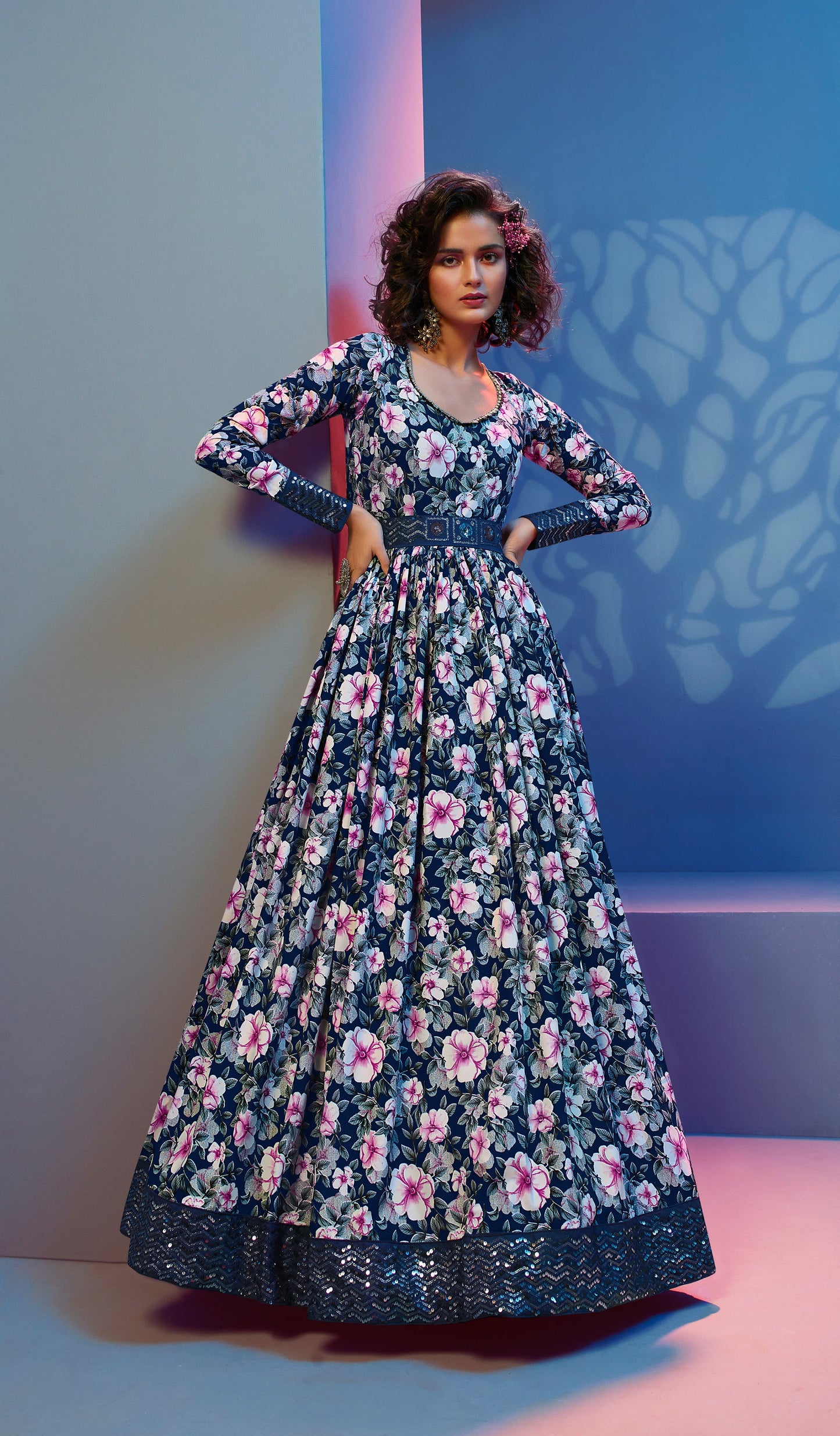 Blue Floral Printed Crepe Gown for Cocktail