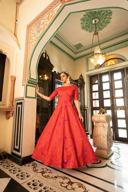 Orange Partywear Sequin Work Gown