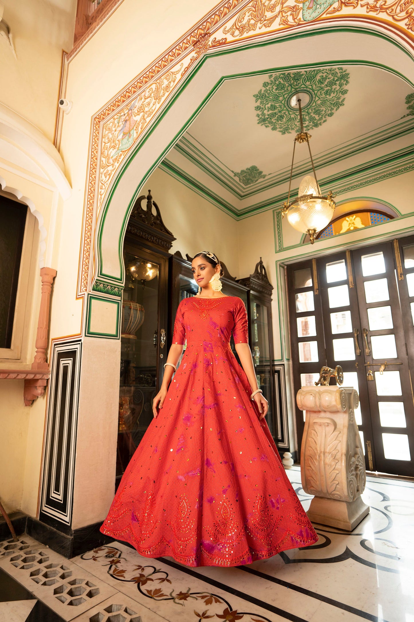 Orange Partywear Sequin Work Gown